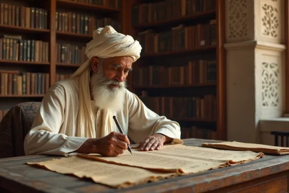 Savant âgé en djellaba annotant un parchemin dans une madrasa