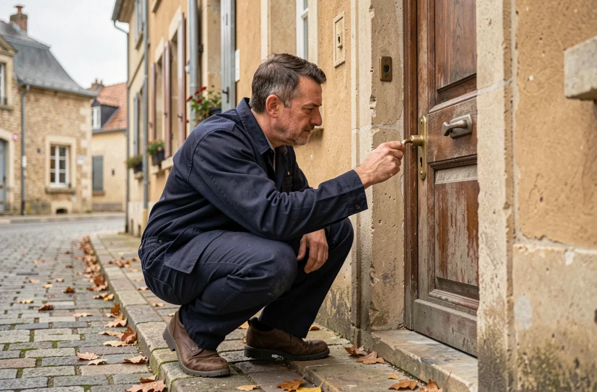 Un serrurier professionnel examine une serrure de porte en pierre dans une rue de l'Allier, illustrant les services de serrurerie d'urgence dans le département