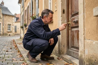 Un serrurier professionnel examine une serrure de porte en pierre dans une rue de l'Allier, illustrant les services de serrurerie d'urgence dans le département