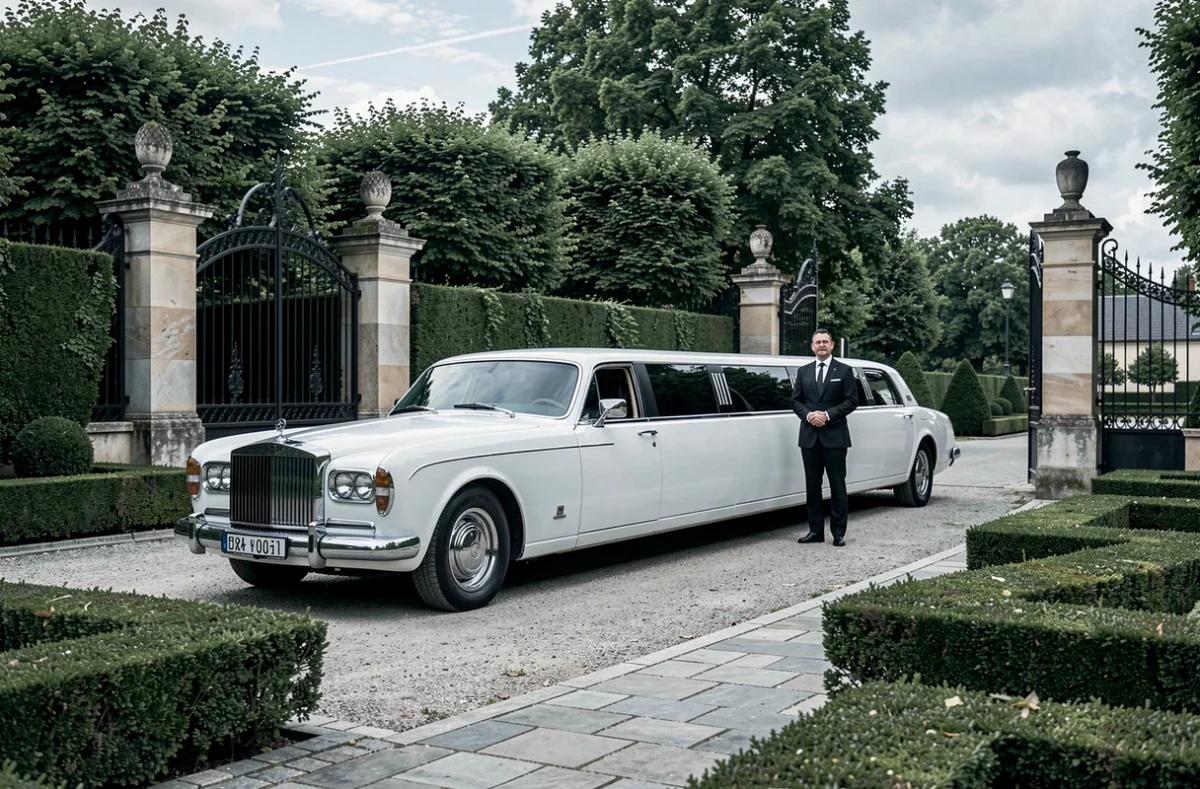 Limousine blanche classique garée devant une allée avec portail en fer forgé dans le Territoire de Belfort, service SL Limousine