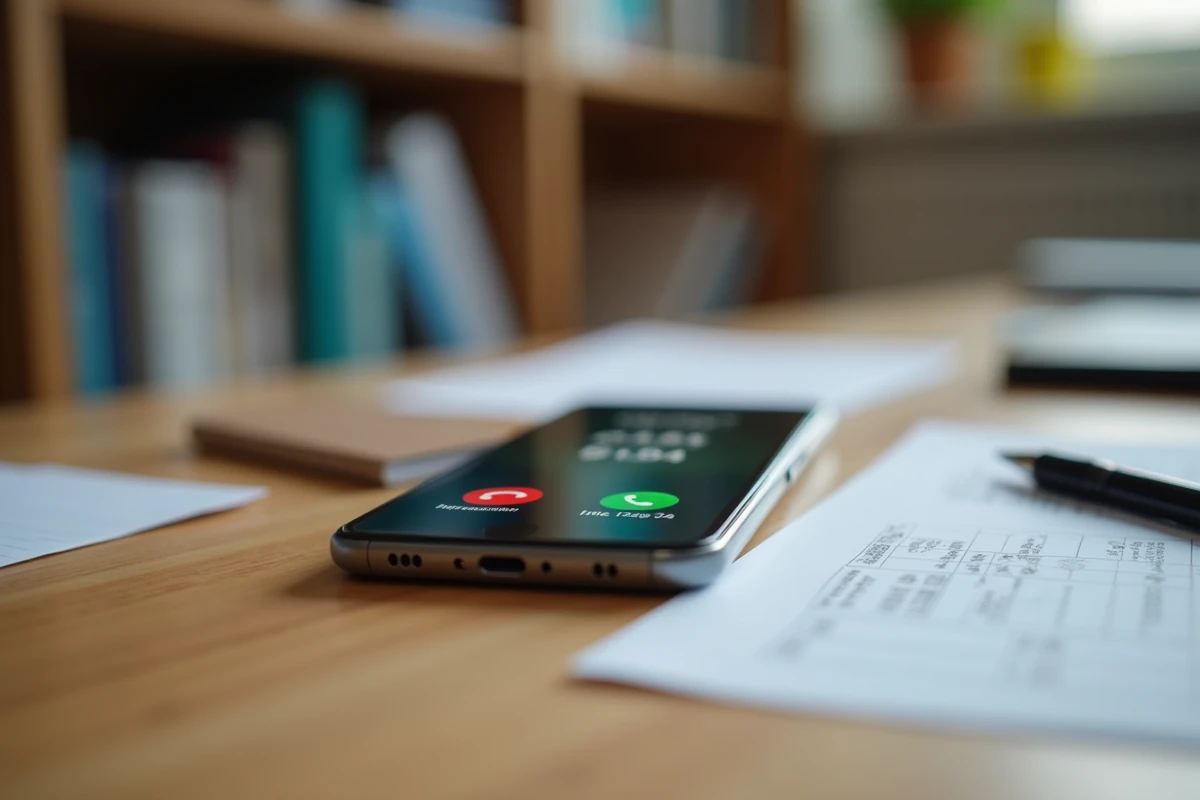 Gros plan d'un smartphone affichant un appel entrant d'un numéro inconnu avec l'indicatif pays +44 posé sur un bureau en bois