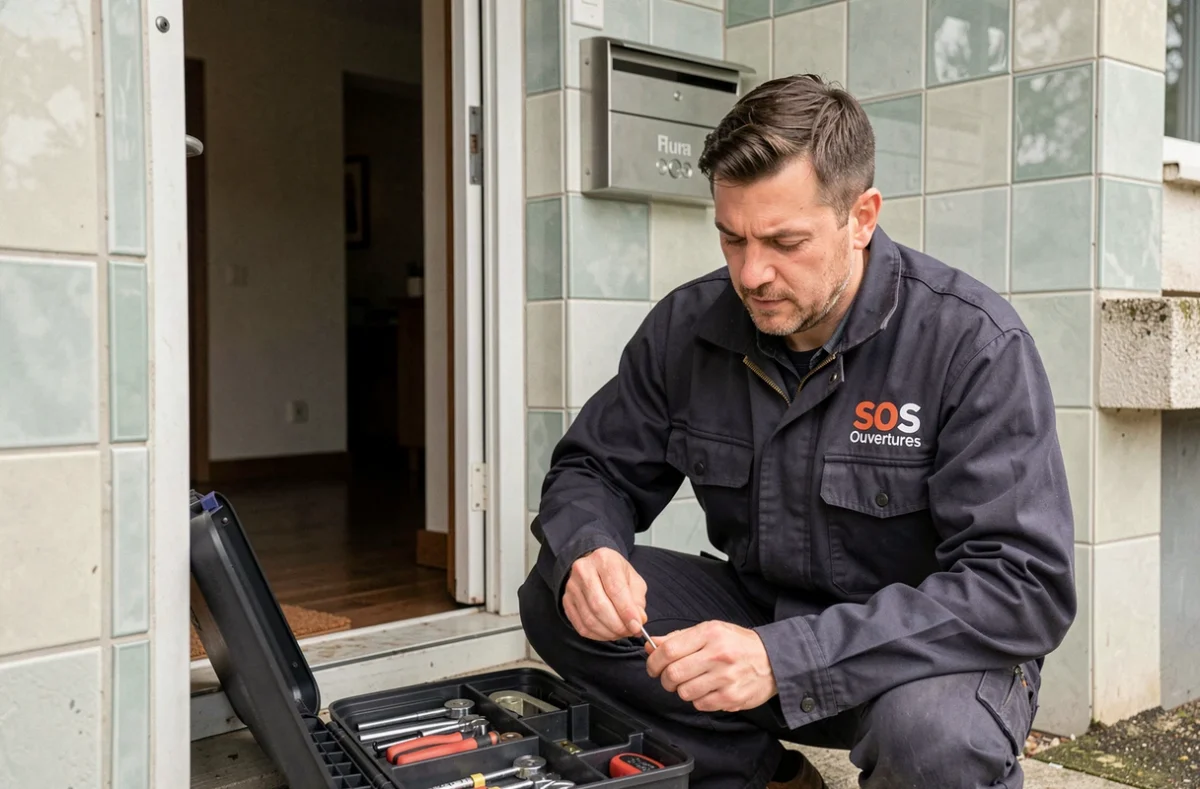 Technicien de SOS Ouvertures Multiservices agenouillé devant une porte d'appartement, sélectionnant ses outils dans sa mallette professionnelle