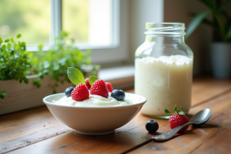 Table en bois avec bol de yogourt frais et grains de kefir