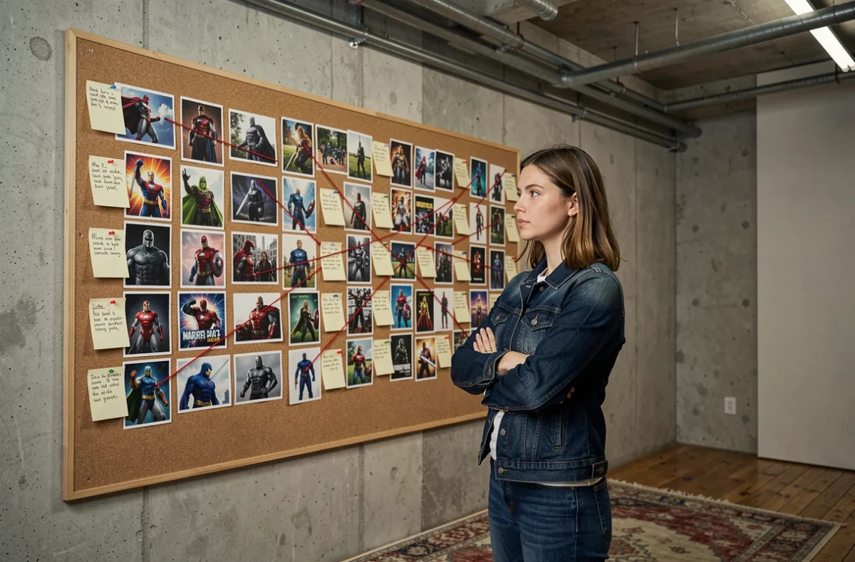 Femme étudiant un tableau de chronologie mural avec des personnages Marvel et DC Comics reliés par des fils rouges dans un studio créatif