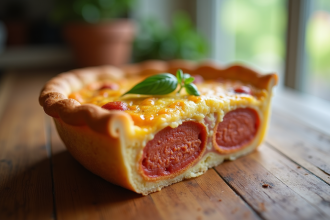 Tranche de quiche au chorizo en gros plan