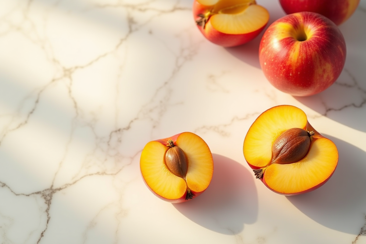 Tranches dabricots et pommes sur un plan de travail en marbre