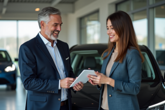 Vendeur automobile en costume bleu avec voiture électrique moderne