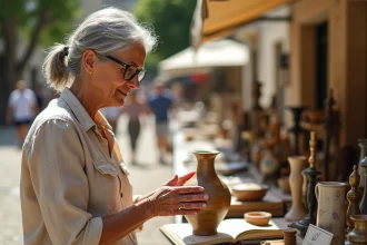 Femme examinant un vase ancien lors d'un vide grenier dans un village de l'Ain