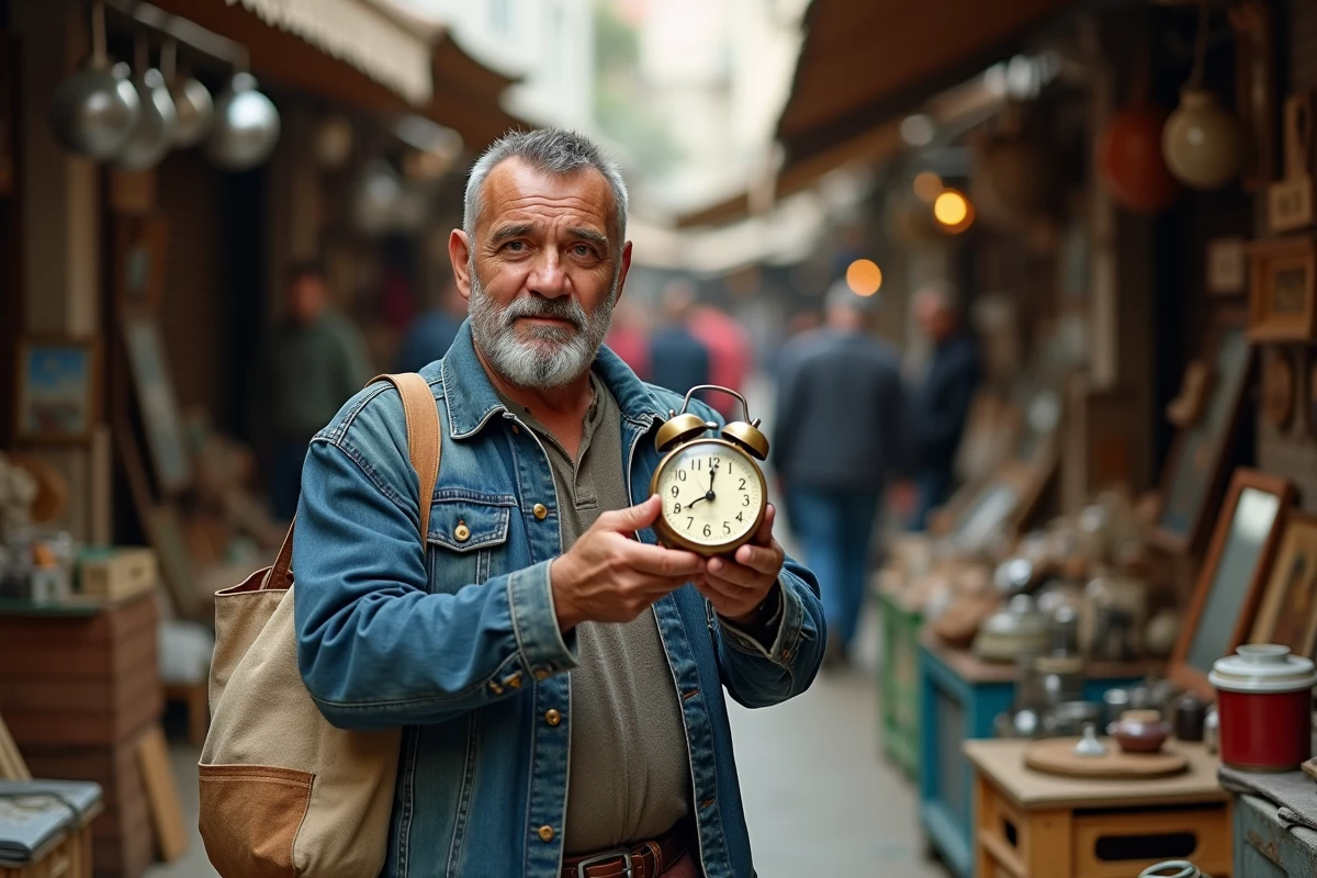Homme inspectant un réveil ancien lors d'un vide grenier en plein air dans l'Ain