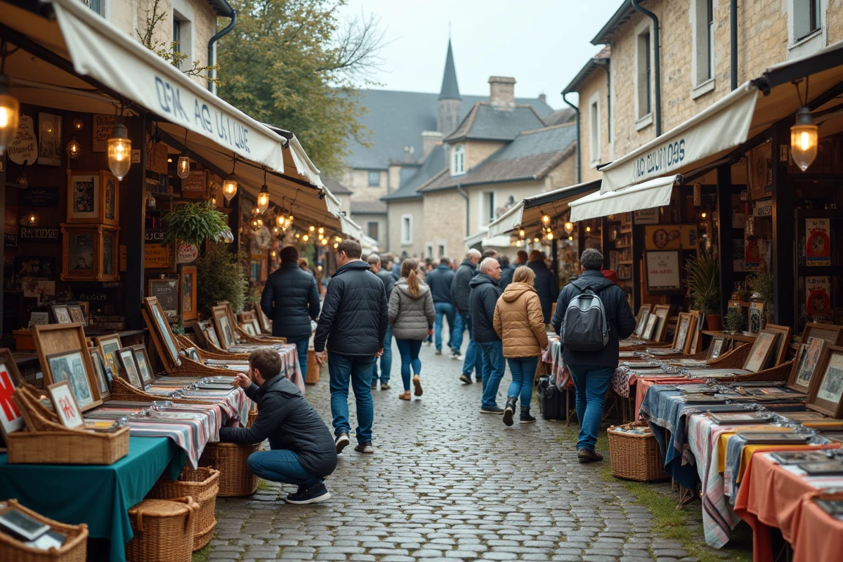 Vue panoramique d'un vide grenier animé sur une place de village dans l'Ain