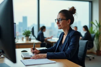 Femme professionnelle en visioconférence internationale depuis son bureau avec horloge mondiale affichée à l'écran