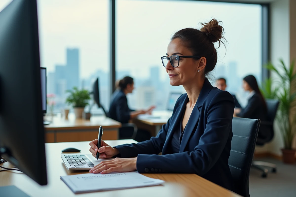 Femme professionnelle en visioconférence internationale depuis son bureau avec horloge mondiale affichée à l'écran