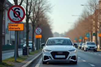 Voiture diesel Euro 6 arrêtée devant panneau interdiction