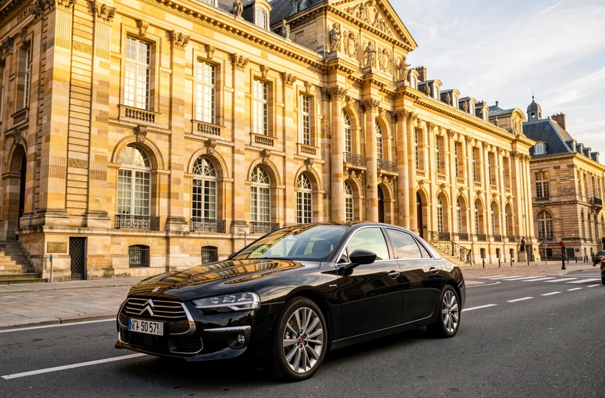 Berline noire garée devant le Palais des Ducs à Dijon, service Voitures des Ducs, transport de prestige en Bourgogne