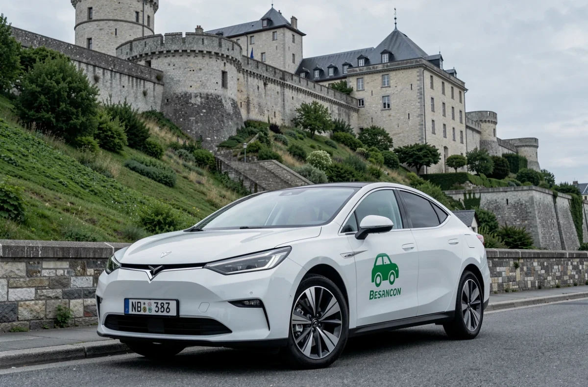 Véhicule électrique VTC blanc garé près de la citadelle de Besançon pour Green Mobility, service de transport écologique