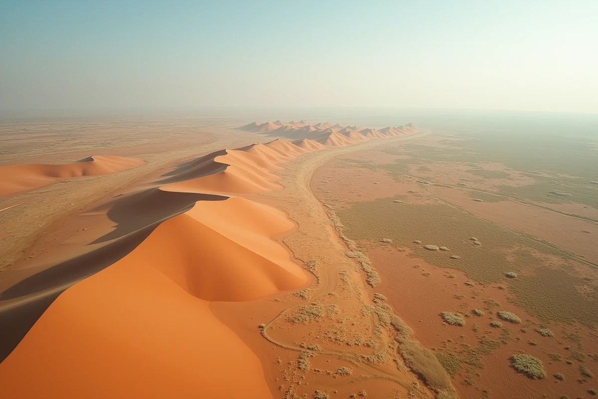 Vue aérienne de vastes étendues désertiques et de savane symbolisant la superficie immense des grands pays du monde