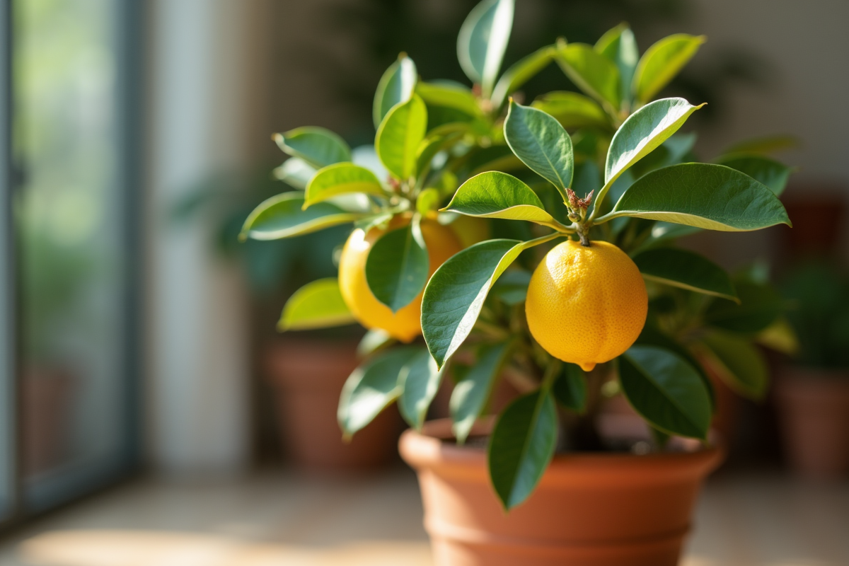Gros plan sur un citronnier en pot avec feuilles et citrons